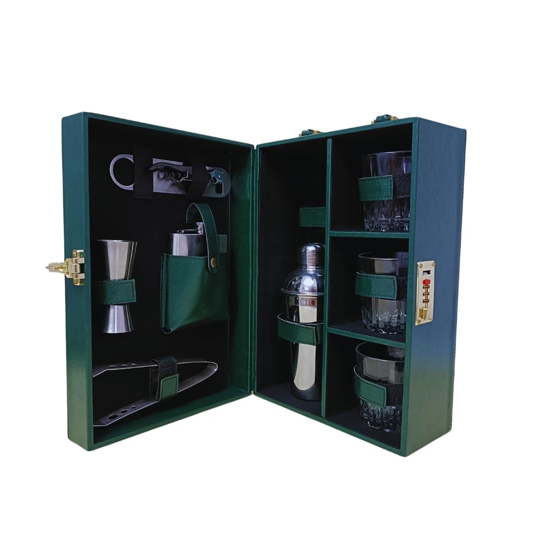 Presents Premium Portable Bar Set with Travel Case – 11-Piece Cocktail Shaker Set with Glasses, Tools & Lock – Travel Mini Bar Kit for Home,Parties & Gifting – Green Leather Finish-image-12