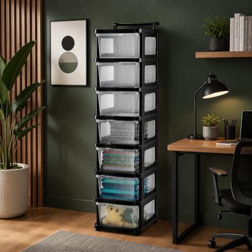 Image of URBAN LUXY Plastic Storage Drawer Organizer with Wheels | Multi-Purpose Chest of Drawers for Home, Office & Bedroom | Clothes, Toys & Stationery Organizer (Transparent Black, 7 Layer)