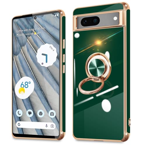 Google Pixel 7a ケース リング付き 耐衝撃 グーグル ピクセル 7A スマホケース 保護カバー メッキ加工 360回転車載ホルダー スタンド機能 tpu 薄型 ストラップホール付き 黄変防止 (グリーン)