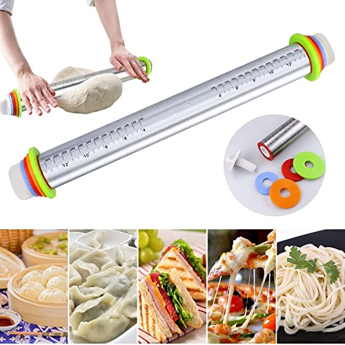Image of DARKKI Adjustable Rolling Pin with 4 Thickness Rings, Stainless Steel Dough Roller