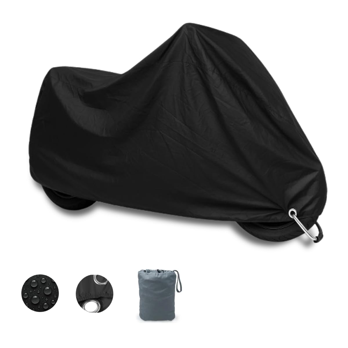 Motorrad Abdeckplane, Motorabdeckung (Schwarz, kompatibel mit Motorradschloss, Motorlänge 2,10 m – 2,20 m (L))