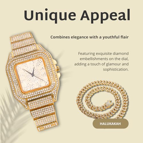 Image of Halukakah Diamonds Watch Iced Out for Boy Teens Kids - 18K Real Gold /Platinum Plated,Arabic Numerals Square Dial,Japanese Quartz - 7.3 inch Length - Optional with Cuban Link Chain - for Birthday,Parties