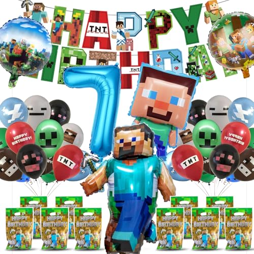 Fizdoqg Miner Gamer - Conjunto de decoração de aniversário para crianças, 7 anos, decoração de festa de aniversário, decoração de aniversário com faixa de balões de alumínio e sacos de presente para