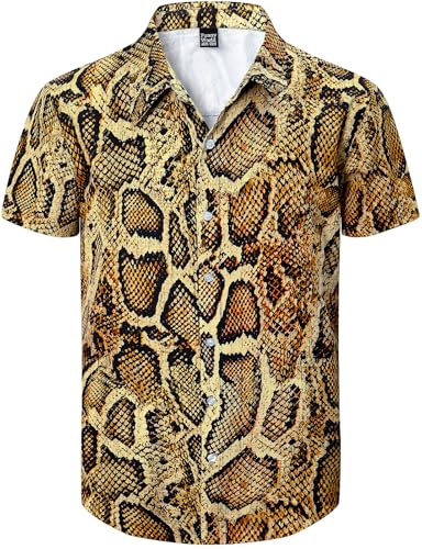 Fashonal Mens Snake Skin Print Shirt, Animal Casual Button Down Shirt Short Sleeve, Snake Size XL