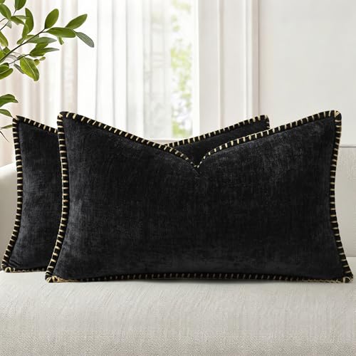 Image of decorUhome Fall Chenille Soft Cozy Throw Pillow Covers 12x20 Set of 2, Modern Farmhouse Boho Velvet Decorative Pillow Cases with Stitched Edge for Couch Sofa Bed Home Decor, Black