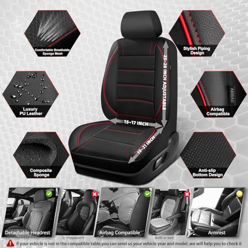 Image of CAR PASS Mesh Leather Car Seat Covers Full Set,Breathable Mesh Faux Leather Seat Covers for Car, Universal Fit for SUV Truck Sedan Automotive, Airbag Compatible, Black and Red