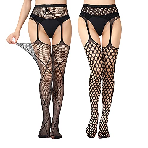 Image of EVERSWE High Waist Fishnet Tights, Thigh High Suspender Stockings (SU2P-B, LXL)