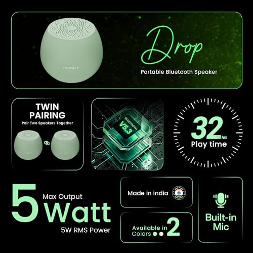 HAMMER Drop 5W Bluetooth Wireless Speaker with Twin Pairing, 1200 mAh Battery, 100H Standby Time, TWS Function, TF Card, USB Slot, Auto-Pairing, in-Built Mic, Type-C Charging, 52mm Driver (Green) view 2