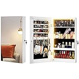 Ylued 3-Colors LED Jewelry Cabinet Armoire with Frameless Mirror, Lockable Wall-Mounted/ Over The Door Hanging Jewelry Storage Organizer, 26.5" x 15" (White)