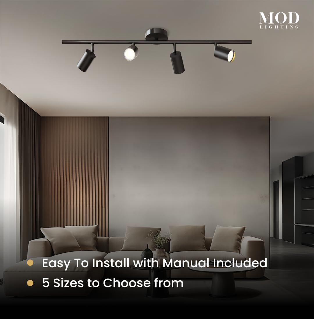 MOD LIGHTING Harris | Modern Track Lights LED, Indoor Ceiling Light Fixture for Living Room, Kitchen Island Ceiling Lighting, Solid Brass Light Fixture (Black | Warm White | 4 Lights)