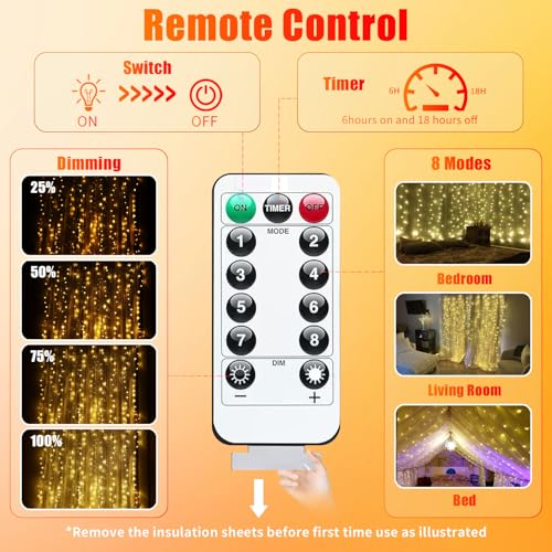 300LED Fairy Curtain Lights, 9.8x9.8Ft Warm White USB Plug in 8 Modes & Timer Christmas String Hanging Lights with Remote for Bedroom Indoor Outdoor Weddings Party Wall Decorations(Warm White) — view 5