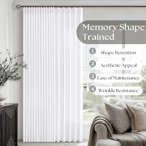 Image of Extra Wide Snow White Pinch Pleated Semi Sheer Linen Curtains 70x102 Drape | 70 inch wide 102 inch Extra Long, Light Filtering Privacy, Living Room, Burlap Textured, Memory Shape Hook Rings, Bohemian