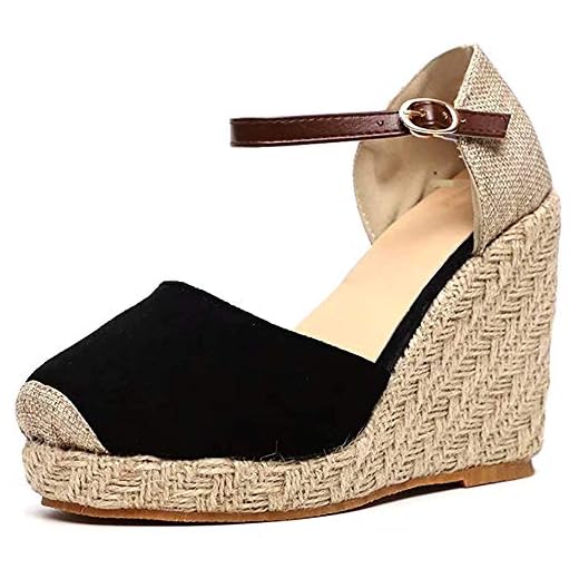 Sandalias Mujer Cuña, Verano Plataforma Punta Cerradas Bohemias Zapatos De Tacón Alto Alpargatas De Playa Fiesta Negro 39