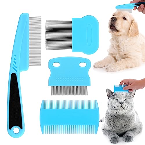 Molain Peine antipulgas para gatos y perros, juego de peine removedor de manchas de lágrimas para mascotas, peine de aseo para perros y gatos (azul claro)