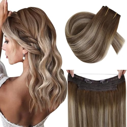 RUNATURE Przedłużki do włosów na drucie, prawdziwe włosy, 30 cm, regulowana rybia żyłka, drut na włosach, balejaż, blond ombre, 70 g/opakowanie, prawdziwe przedłużki do włosów z drutem, proste włosy