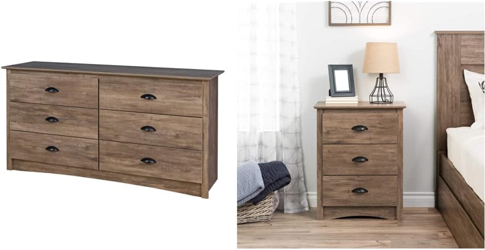 Prepac Salt Spring 6 Drawer Dresser, Drifted Gray & Salt Spring 3-Drawer Tall Nightstand, Drifted Gray