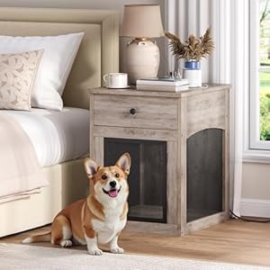 HOOBRO Dog Crate Furniture, Dog Kennel with Drawer and Charging Station, Indoor Decorative Puppy House, Wooden Pet Crate End Table for Small Dogs, Greige and Black BG58UGW03G1