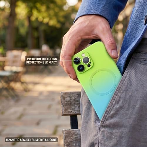Image of amazon basics Gradient Mag-Safe Case for iPhone 13 Pro Max | Soft Silicone Shockproof Cover with Camera Protection | Slim Lightweight Design | Smooth Touch & Durable - Green & Blue
