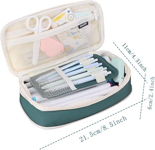 Miniatura 6 de iSuperb Estuche para lápices de gran capacidad, bolsa portátil para bolígrafos con 2 compartimentos, organizador de bolígrafos verde oscuro para la