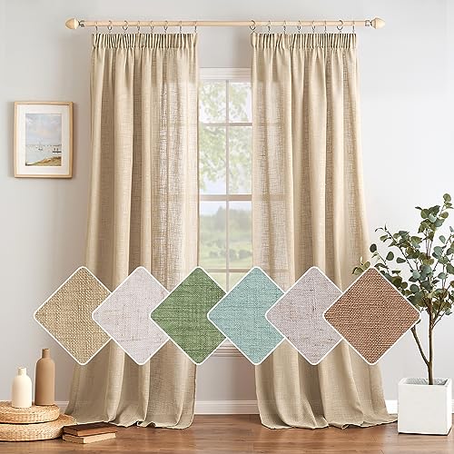Woaboy Leinen Gardinen Vorhänge Kräuselband 2er Set 140x245cm Beige – Ansicht 2