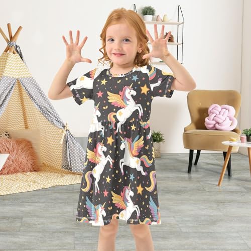 Cute Cartoon Unicorns Stars Black Girls Dress Crewneck A Line Summer Sundress Summer Clothes for Toddler Girls3