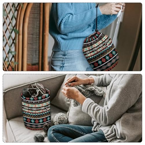 Image of Black Aztec Yarn Bag Portable Yarn Holder for Crocheting Project Needles Accessories