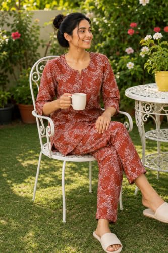 Image of Vlazom Women's Pure Cotton Printed Night Suit Pack of 2 | Soft Breathable Cotton Top & Pajama Set | Half Sleeve Sleepwear & Loungewear | Comfortable Nightwear for Women | Regular Fit
