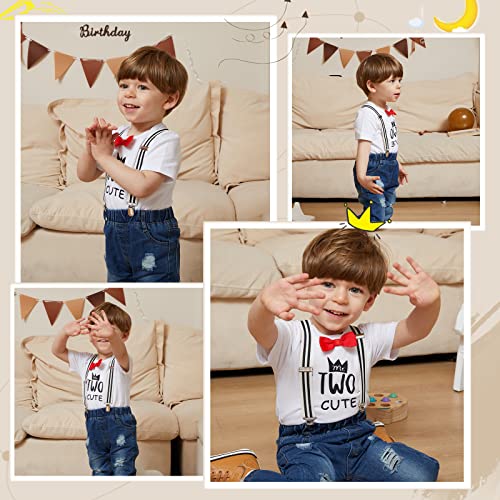 Pinleck Toddler Baby Boy Birthday Clothes Set Bowtie Romper Suspenders Ripped Denim Pants Outfits (Two Birthday-1Short, 2-3T) #TOP2