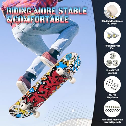 Image of Pro Complete Skateboards for Beginners Girls Boys Kids Youths Teens Adults 31 inchx8 inch Skate Boards 7 Layers Canadian Maple Double Kick Deck Concave Longboard