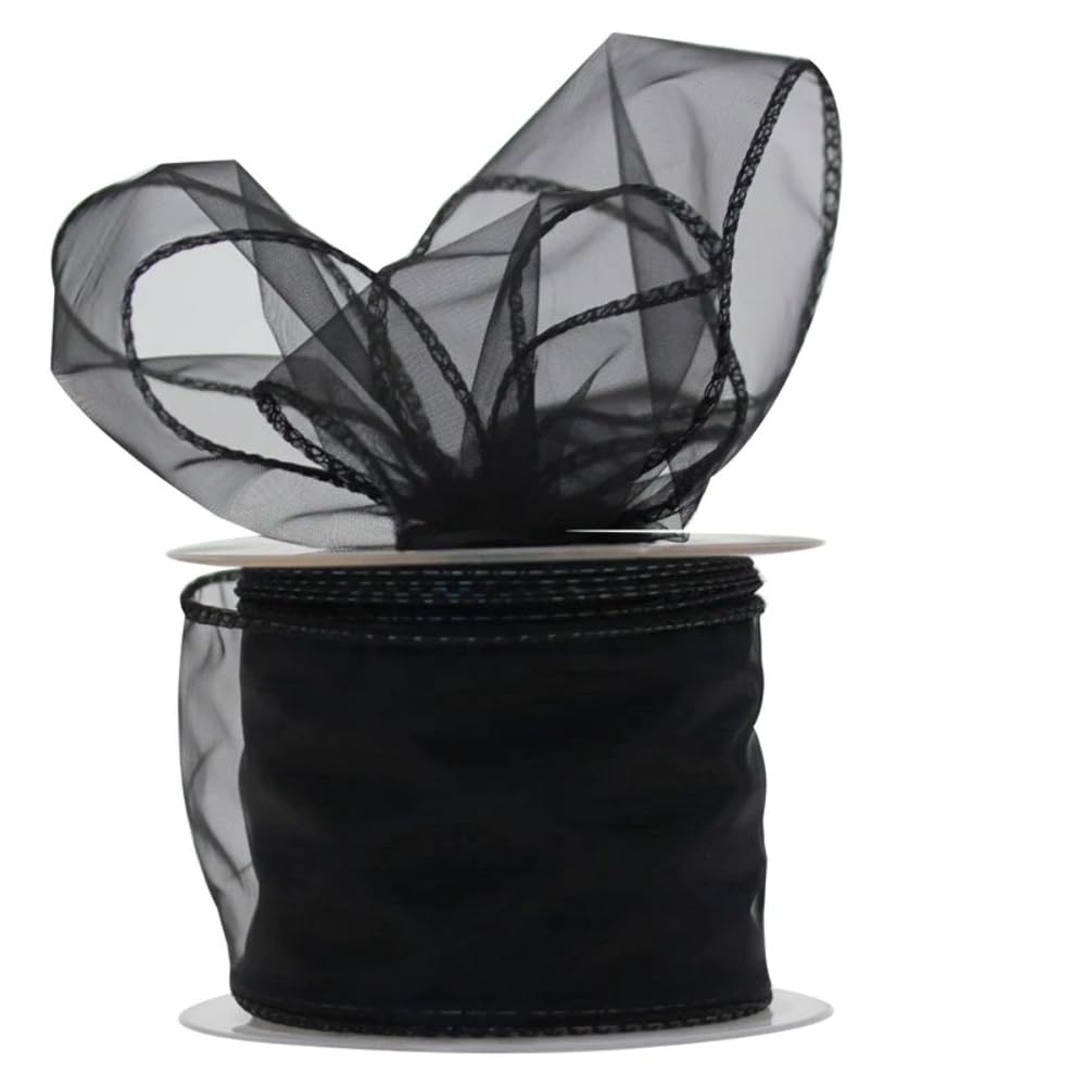 Apac Black Quality Florist / Craft Wired Edge Chiffon Organza Ribbon (70Mm Wide X 20M)