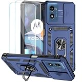 SunRemex Compatible with Motorola Moto G Play 2024 Case with HD Screen Protector & Slide Camera Cover & Rotated Ring Kickstand,Heavy Duty Shockproof Phone Case for Moto G Play 2024 4G (Blue)