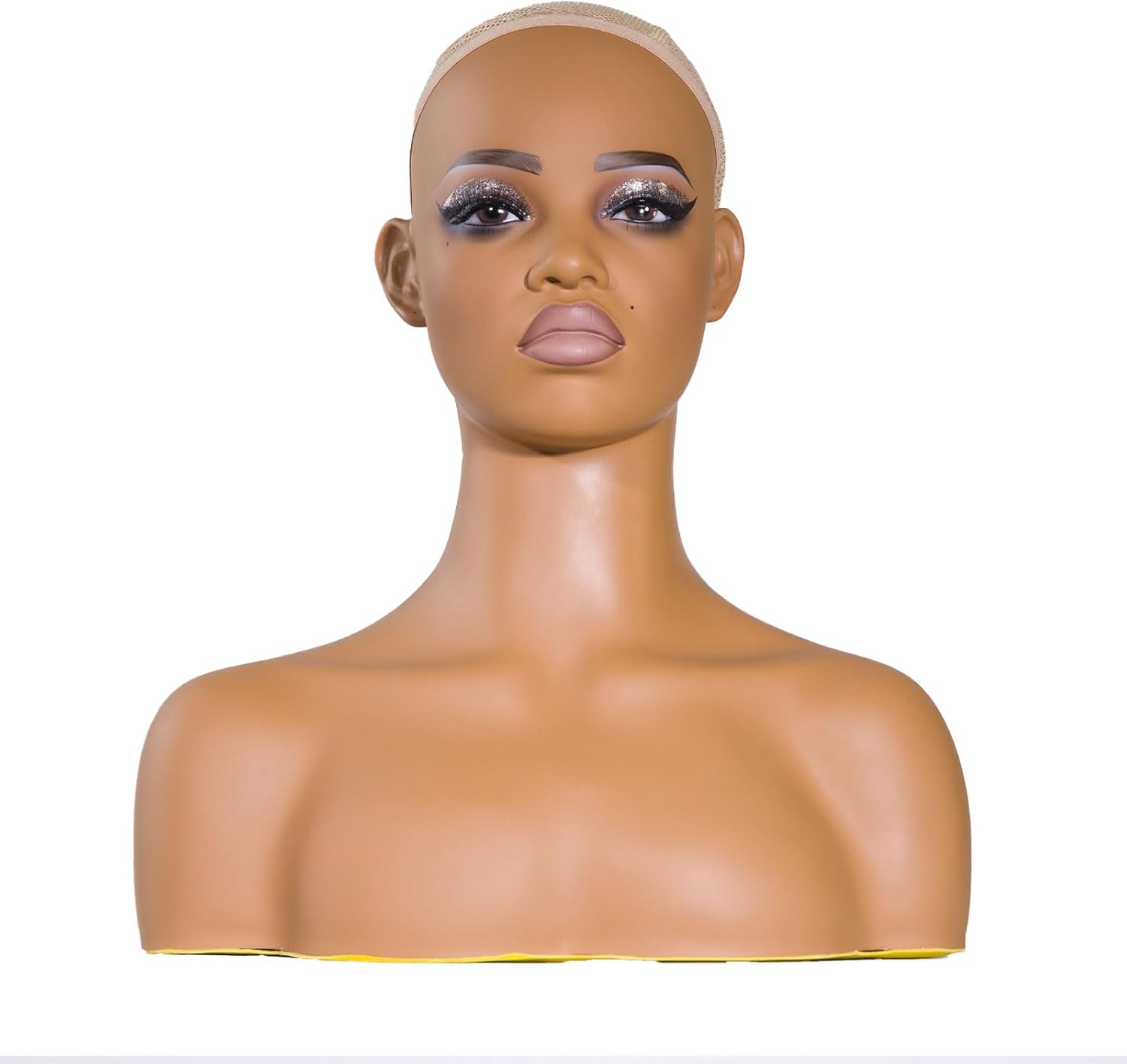 PVC Premium Half Body Mannequin Head with Shoulders - Wig Head Stand Perfect for Displaying Wigs, Hats, and Jewelry- Medium Brown Realistic Makeup DH-YH2
