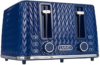 LIVIVO Taurus 4 Slice Toaster Glossy Finish with Extra Wide Slots - 6 Browning Bread Toast Settings - Reheat Defrost & Cancel Functions  High Lift  Removable Slide On Crumb Tray 1750w (Navy)