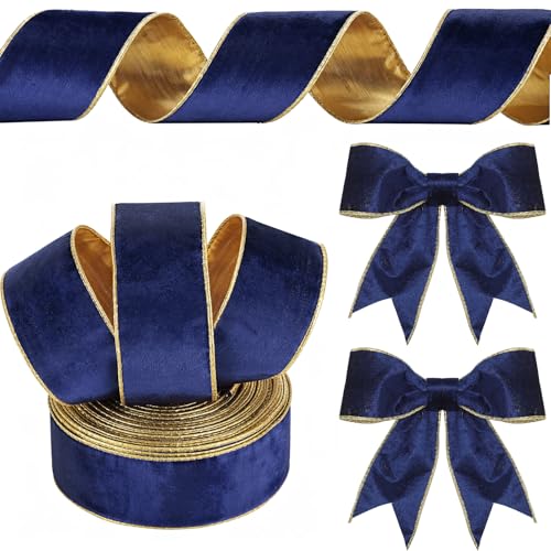 Yungyan Velvet Ribbon Gold Edge, 2.5 Inch X 35 Yards, Navy Blue, Gold