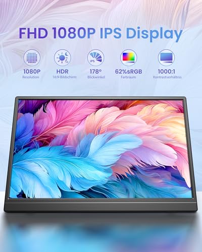 Portatile Monitor 15,6 pollici, Schermo Portatile 1080P, Altoparlante Integrato e Supporto USB-C HDMI, Portable Monitor per Laptop, PC, Cellulare, PS5, Supporto VESA Montabile - Monitor - Immagine 1