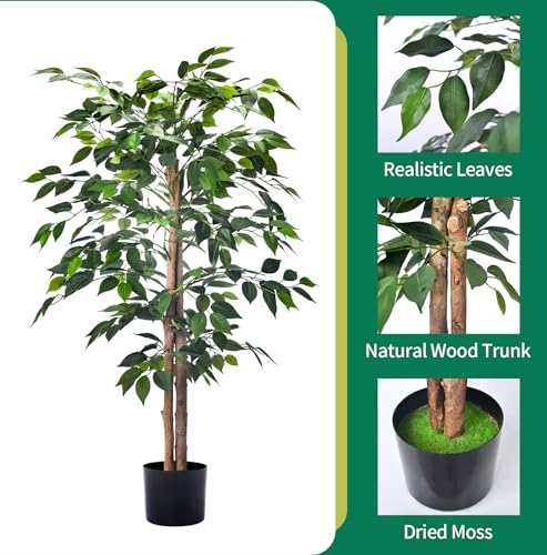 HAIHONG 4FT Artificial Ficus Trees with Realistic Leaves and Natural Trunk, Faux Ficus Tree with Sturdy Plastic Nursery Pot, Fake Ficus Tree for Office Home Farmhouse for Indoor Outdoor Decor - Thumbnail 2
