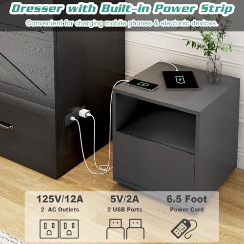 Hlivelood Queen Size Murphy Chest Bed with Drawer and Charging Station, Farmhouse Wood Space-Saving Hidden Folding Bed Chest, Multifunctional Storage Cabinet Beds for Bedroom, Office, Black