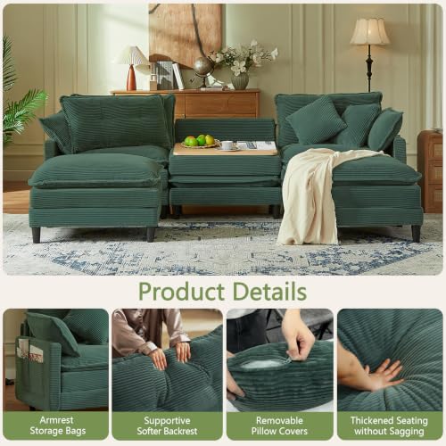 107.3'' Oversized Cloud Couch U Shaped Modular Sectional Sofa, Premier Comfy Corduroy Couch with Ottoman, Modern 3 Deep Seat Sectional Couches for Living Room, Solid Wood Frame&Spring,Tool-Free Green - Image 3