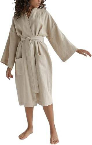 Organic Cotton Linen Robe dress, linen kimonos for women, bathrobe for women, bathing suit cover ups for women, linen robes for women, boho beach wear (M/L (ONE SIZE FIT ALL), BEIGE)
