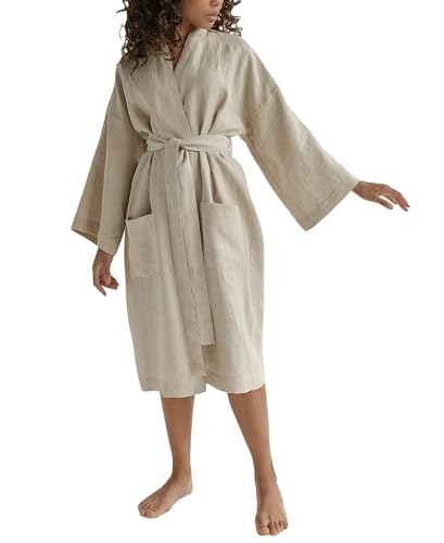 Organic Cotton Linen Robe Dress, Linen Kimonos For Women, Bathrobe For Women, Bathing Suit Cover Ups For Women, Linen Robes For Women, Boho Beach Wear (M/L (One Size Fit All), Beige) #TOP1