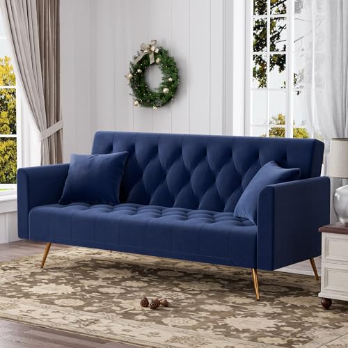 Catálogo de Sofa Cama Azul los más solicitados. 42 OUYESSIR - Sofá cama de terciopelo con 2 almohadas, futón convertible pequeño sofá de 71 pulgadas para recámara, sala de estar, azul