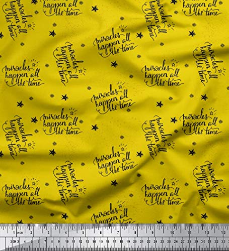 Soimoi Yellow Cotton Jersey Fabric Star & Miracle Happened All The Time Text Printed Craft Fabric by The Yard 58 Inch Wide