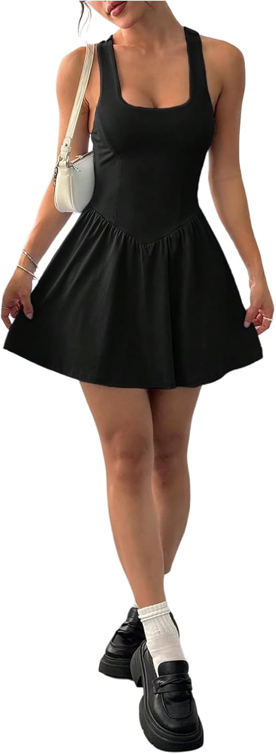SOLY HUX Women's Tennis Dress with Built in Shorts Square Neck Sleeveless A Line Workout Athletic Golf Mini Dresses - Image 5