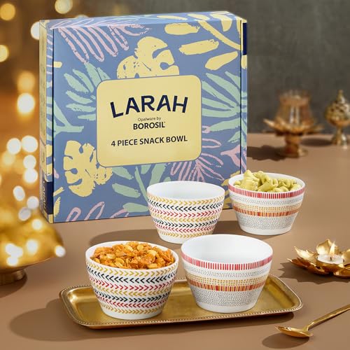 Image of Larah by BOROSIL Opalware Bowl | Microwave & Dishwasher Safe Dinner Bowls for Salad, Fruits, Dal, Maggi, Snacks, Cereal | Breakfast Bowls | Ideal Crockery for Gifting (Boho & Rhythm, 4pc Set)