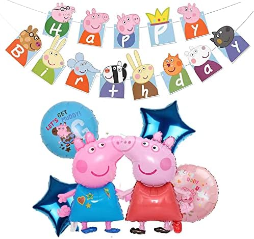 Senidea Pig Balloons Pig Birthday Party Decorations Supplies | 1 x Happy Birthday Banner, 6 x Foil Balloons | for Kid's Birthday Party