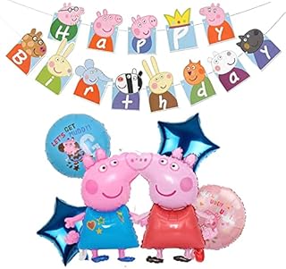 Senidea Pig Balloons Pig Birthday Party Decorations Supplies | 1 x Happy Birthday Banner, 6 x Foil Balloons | for Kid's Birthday Party