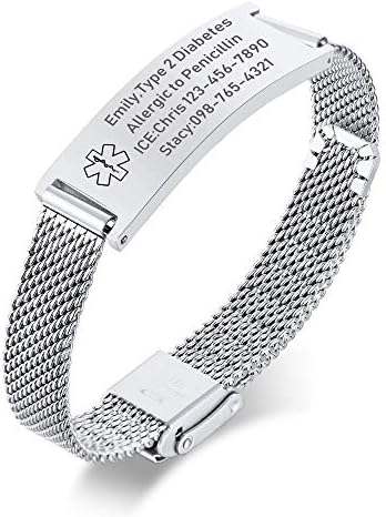 VNOX Medical Alert Bracelets for Men & Women Kids with Free Engraving Adjustable Stainless Steel Mesh Emergency Medical ID Bracelets Wristband