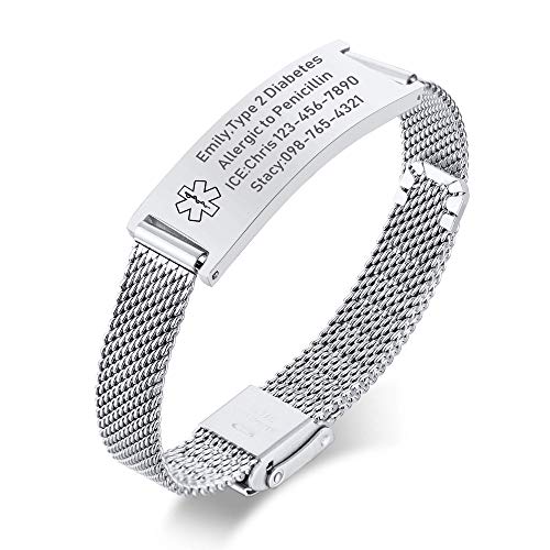 VNOX Medical Alert Bracelets for Men & Women Kids with Free Engraving Adjustable Stainless Steel Mesh Emergency Medical ID Bracelets Wristband,Silver