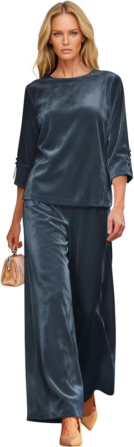 2 Piece Mother of The Bride Outfit Velvet 3/4 Sleeves Wedding Guest Formal Evening Party Pant Suits HX006