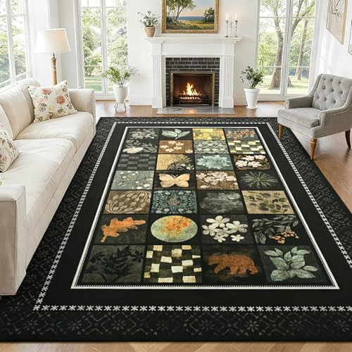 Zedrew 5x7 Area Rug, Geometry Floral Rugs for Living Room, Non Slip Low Pile Print Rug Indoor Carpet Bedroom Office Dining Kids Room Playroom Apartment Home Decor (Black, 5x7ft)